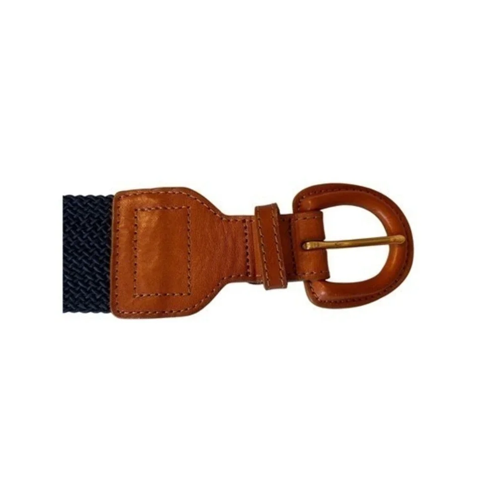 NWT Lands' End Woven Nylon Navy Stretch Belt with‎ Tan Leather Buckle Size XL